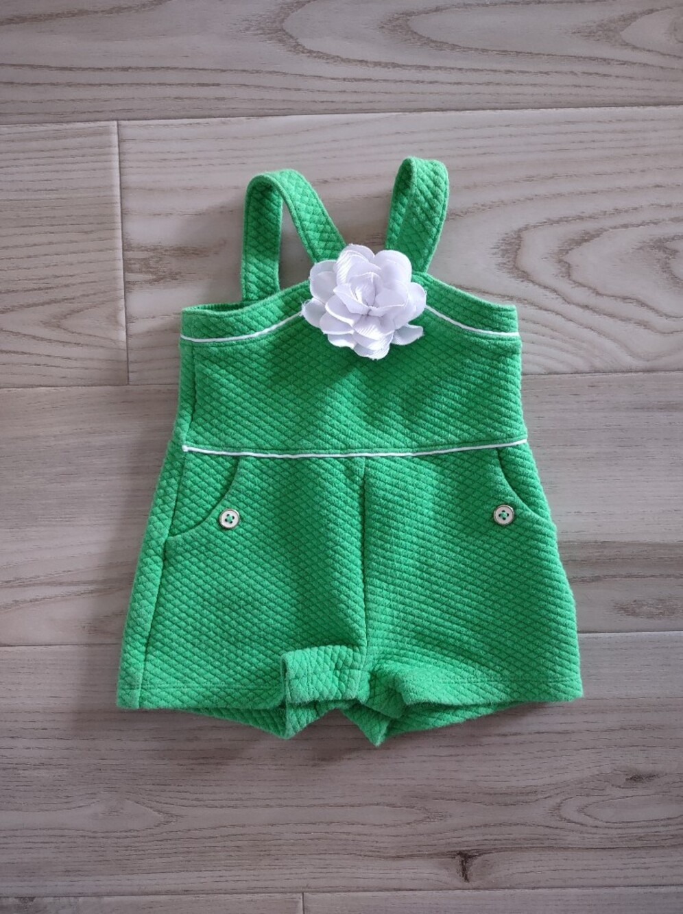 Janie and Jack Green Quilted Romper with White Flower
